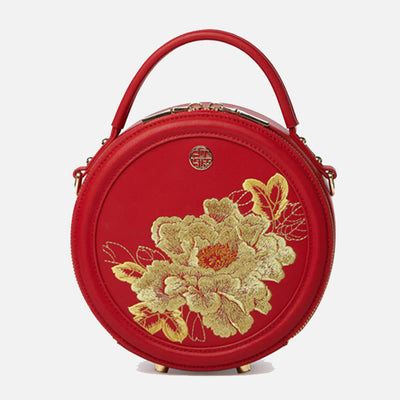 Luxury Golden Peony Embroidery Round Tote Bag Satchel