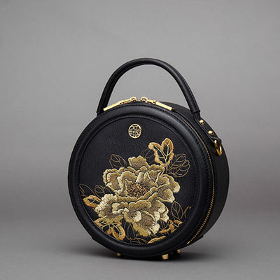 Luxury Golden Peony Embroidery Round Tote Bag Satchel