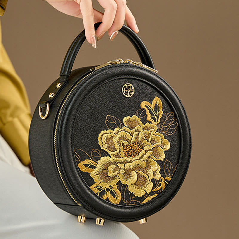 Luxury Golden Peony Embroidery Round Tote Bag Satchel