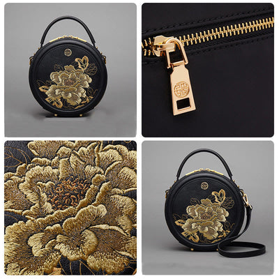 Luxury Golden Peony Embroidery Round Tote Bag Satchel