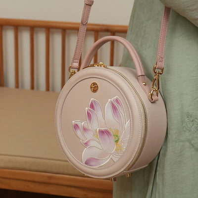 Luxury Golden Peony Embroidery Round Tote Bag Satchel