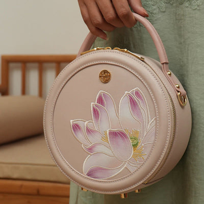 Luxury Golden Peony Embroidery Round Tote Bag Satchel