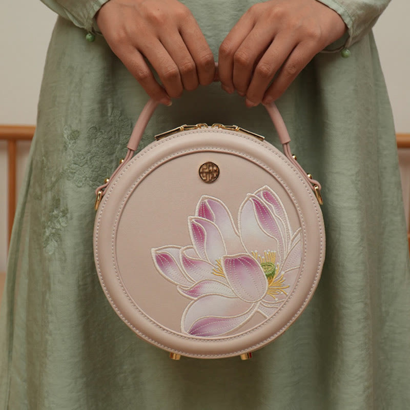 Luxury Golden Peony Embroidery Round Tote Bag Satchel