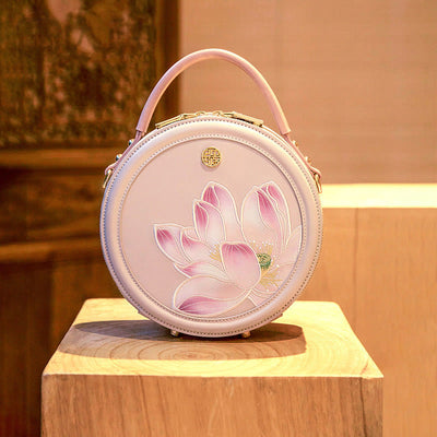 Luxury Golden Peony Embroidery Round Tote Bag Satchel