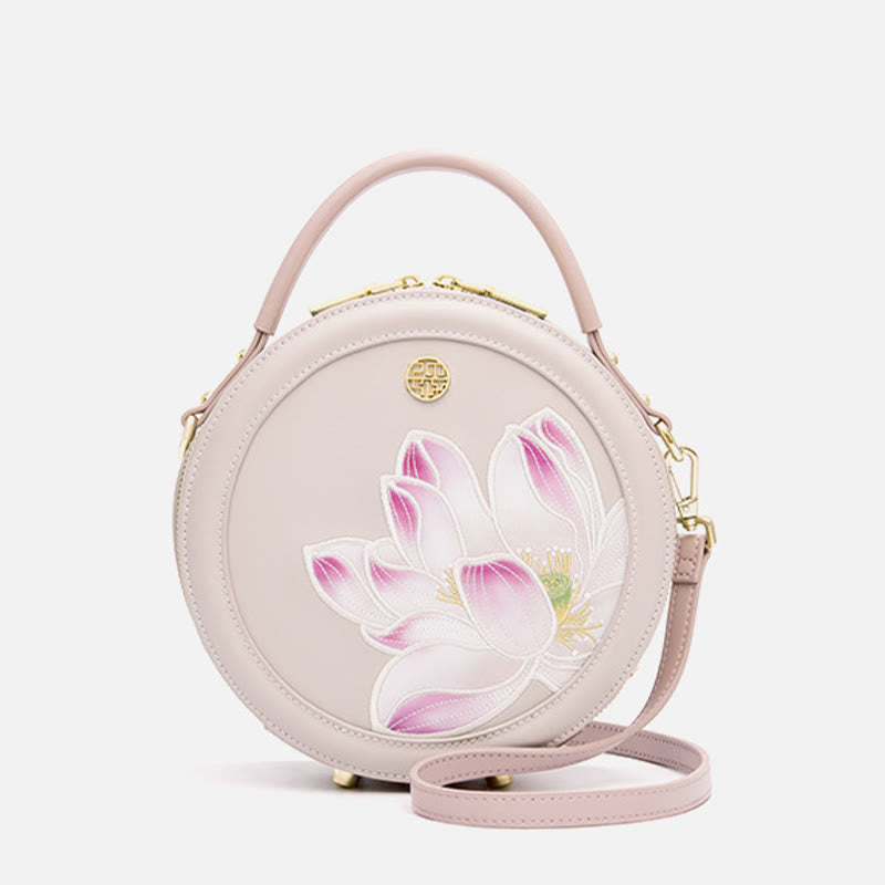 Luxury Golden Peony Embroidery Round Tote Bag Satchel