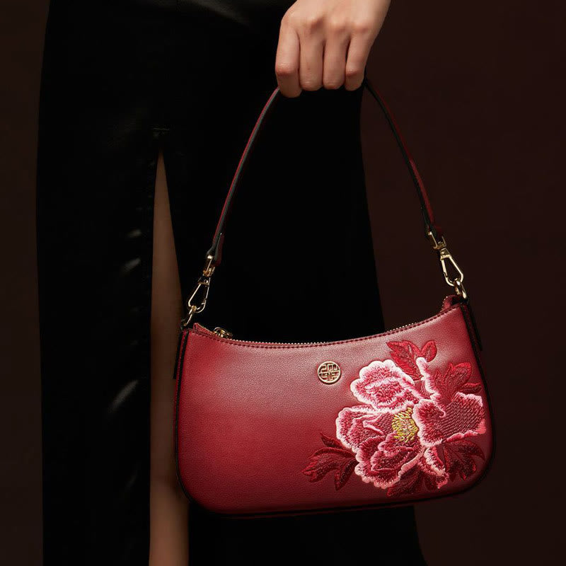 Peony Embroidery Leather Shoulder Bag Crossbody Bag for Women