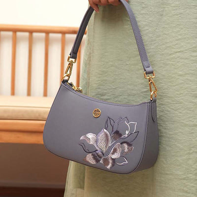 Peony Embroidery Leather Shoulder Bag Crossbody Bag for Women