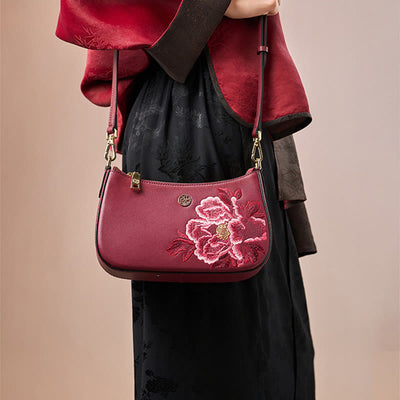 Peony Embroidery Leather Shoulder Bag Crossbody Bag for Women