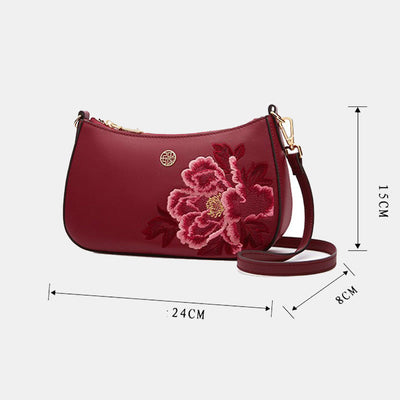 Peony Embroidery Leather Shoulder Bag Crossbody Bag for Women