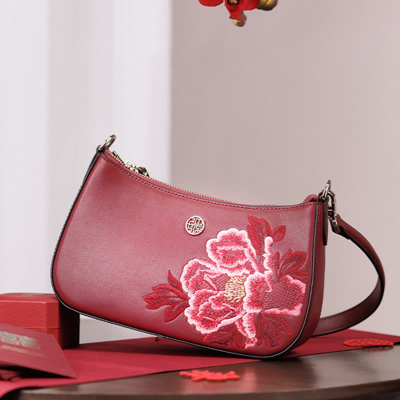 Peony Embroidery Leather Shoulder Bag Crossbody Bag for Women