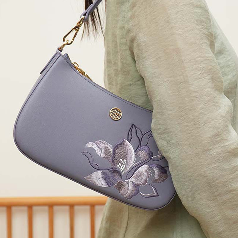 Peony Embroidery Leather Shoulder Bag Crossbody Bag for Women