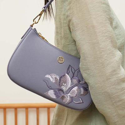 Peony Embroidery Leather Shoulder Bag Crossbody Bag for Women