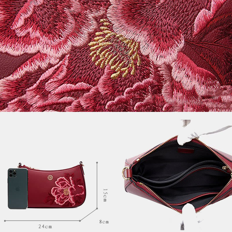 Peony Embroidery Leather Shoulder Bag Crossbody Bag for Women