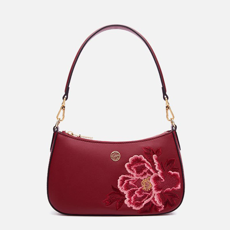 Peony Embroidery Leather Shoulder Bag Crossbody Bag for Women