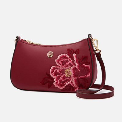 Peony Embroidery Leather Shoulder Bag Crossbody Bag for Women