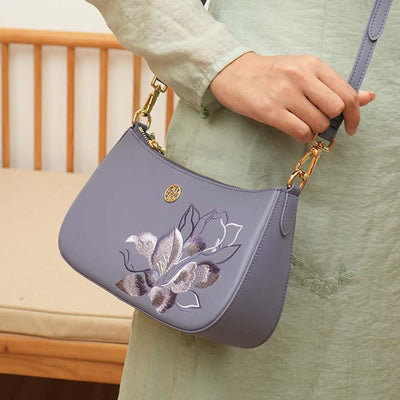 Peony Embroidery Leather Shoulder Bag Crossbody Bag for Women