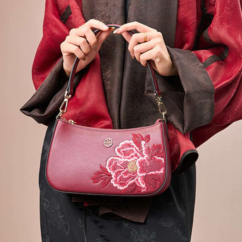 Peony Embroidery Leather Shoulder Bag Crossbody Bag for Women