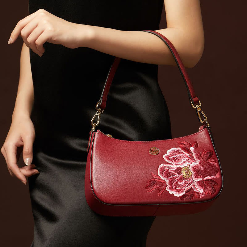 Peony Embroidery Leather Shoulder Bag Crossbody Bag for Women