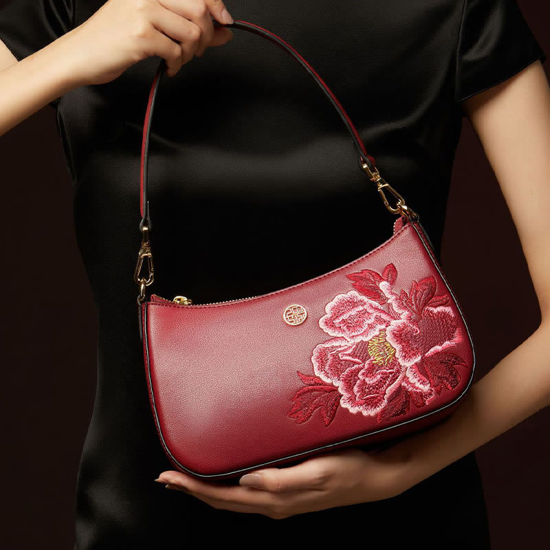 Peony Embroidery Leather Shoulder Bag Crossbody Bag for Women