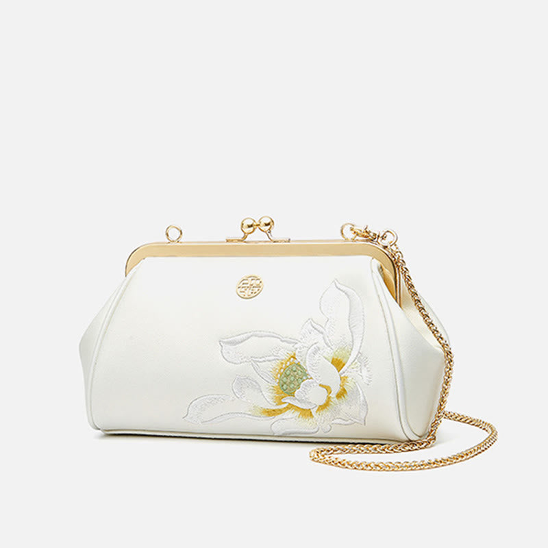 Lotus Embroidery Pearl Chain Kiss-Locked Evening Bag Clutch