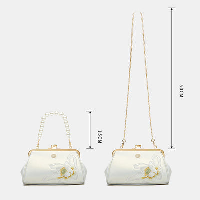 Lotus Embroidery Pearl Chain Kiss-Locked Evening Bag Clutch