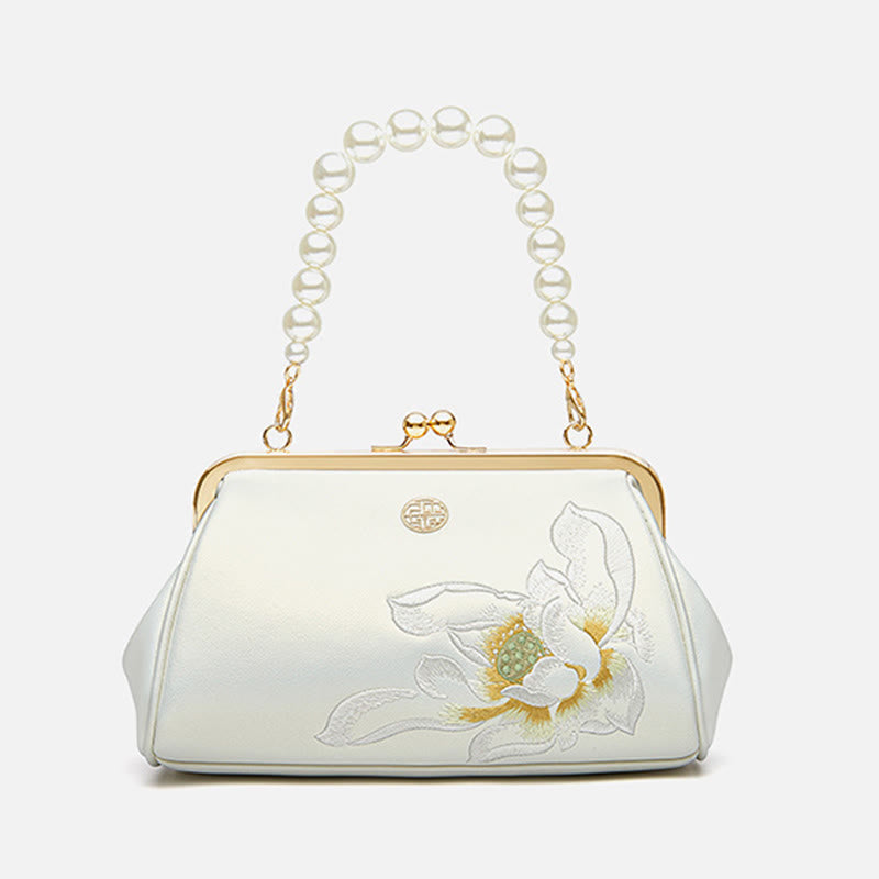 Lotus Embroidery Pearl Chain Kiss-Locked Evening Bag Clutch