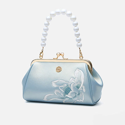 Lotus Embroidery Pearl Chain Kiss-Locked Evening Bag Clutch