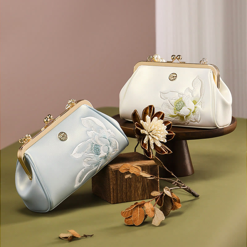 Lotus Embroidery Pearl Chain Kiss-Locked Evening Bag Clutch