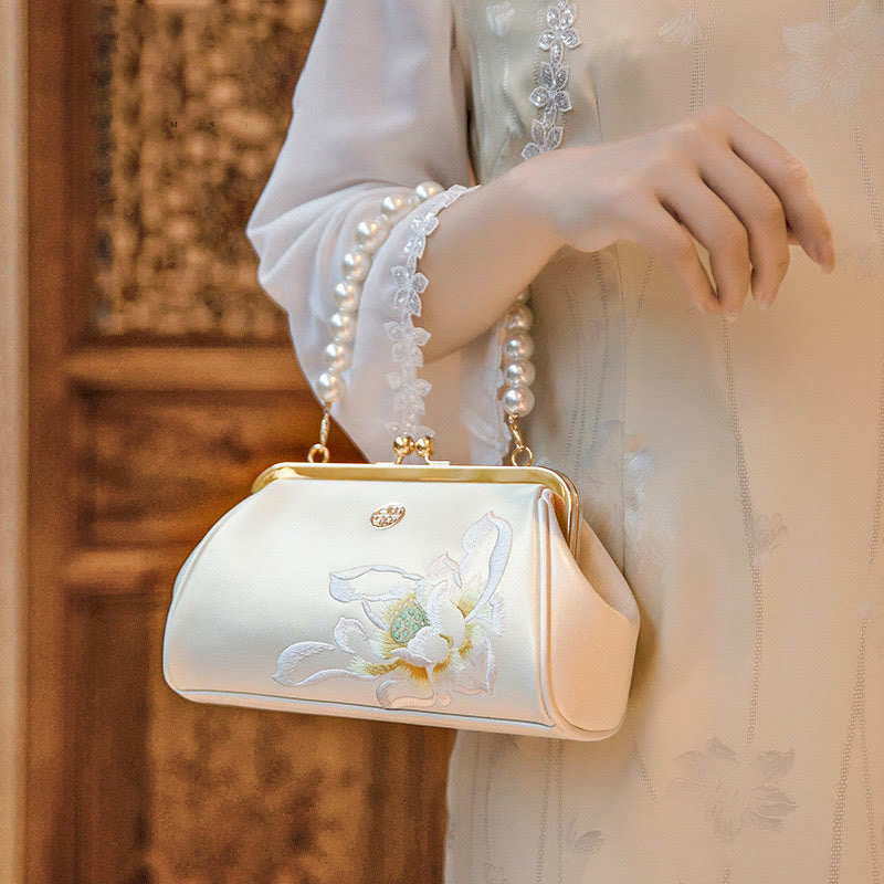 Lotus Embroidery Pearl Chain Kiss-Locked Evening Bag Clutch