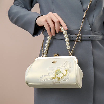 Lotus Embroidery Pearl Chain Kiss-Locked Evening Bag Clutch