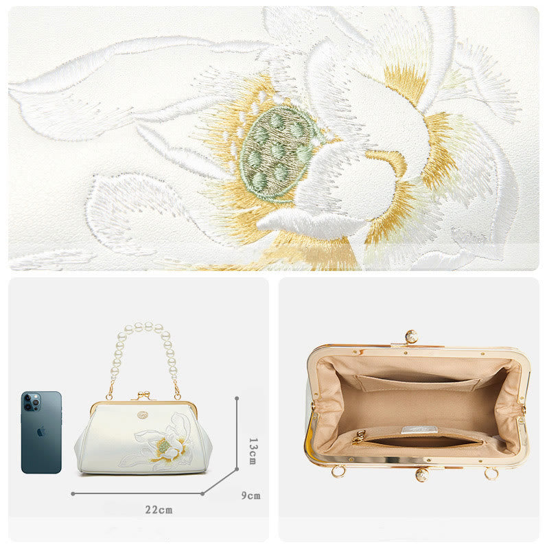 Lotus Embroidery Pearl Chain Kiss-Locked Evening Bag Clutch