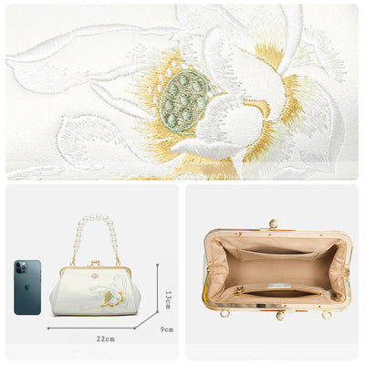 Lotus Embroidery Pearl Chain Kiss-Locked Evening Bag Clutch