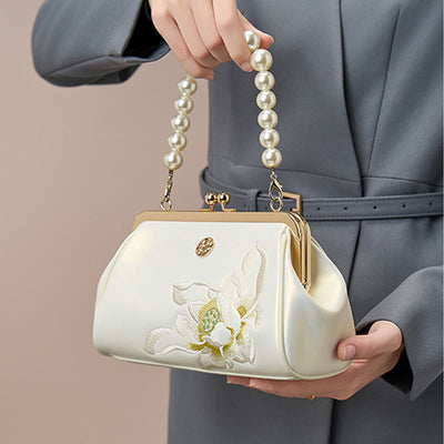 Lotus Embroidery Pearl Chain Kiss-Locked Evening Bag Clutch