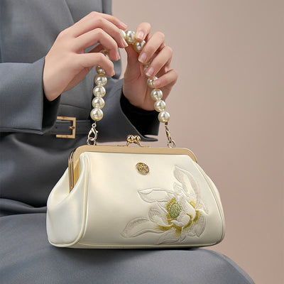 Lotus Embroidery Pearl Chain Kiss-Locked Evening Bag Clutch