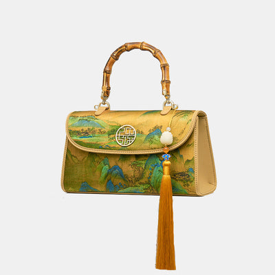 XiangYunSha Silk Mountains Painting Evening Bag with Bamboo Handle