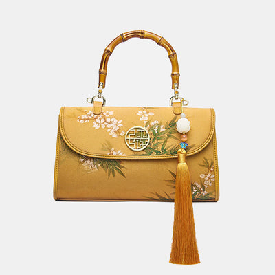 XiangYunSha Silk Mountains Painting Evening Bag with Bamboo Handle