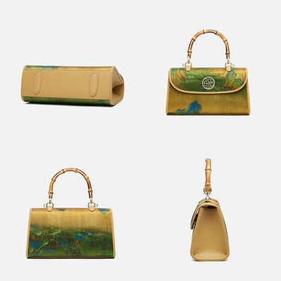 XiangYunSha Silk Mountains Painting Evening Bag with Bamboo Handle