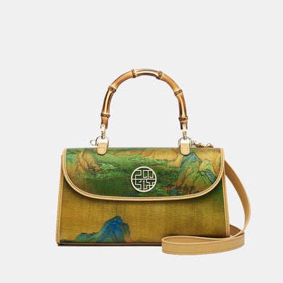 XiangYunSha Silk Mountains Painting Evening Bag with Bamboo Handle