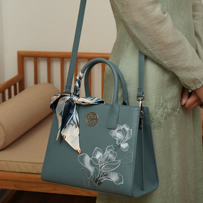 Larger Capacity Flower Embroidery Tote Bag Top Handle Satchel