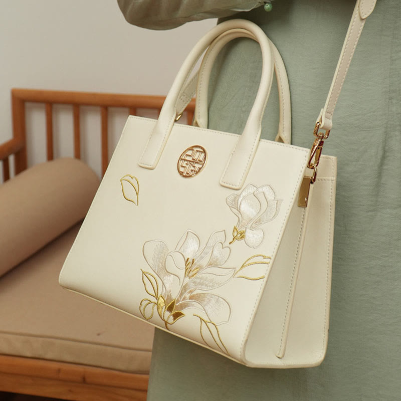 Larger Capacity Flower Embroidery Tote Bag Top Handle Satchel