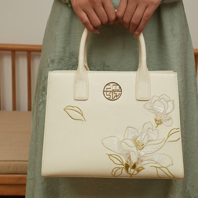 Larger Capacity Flower Embroidery Tote Bag Top Handle Satchel