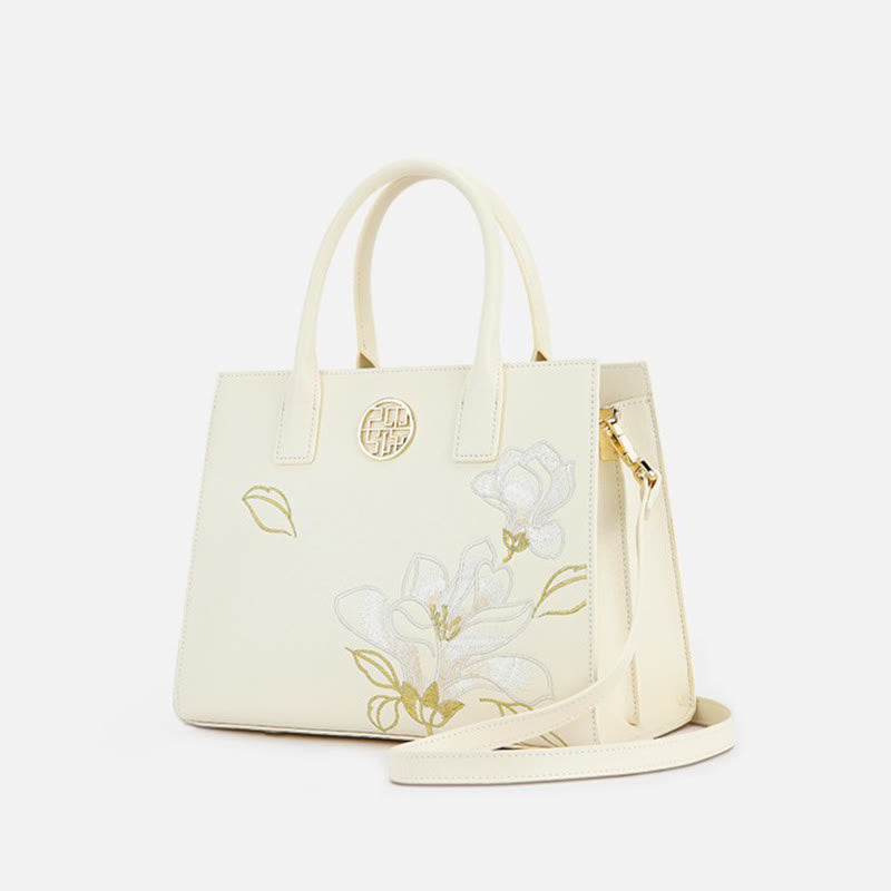 Larger Capacity Flower Embroidery Tote Bag Top Handle Satchel