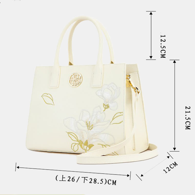 Larger Capacity Flower Embroidery Tote Bag Top Handle Satchel