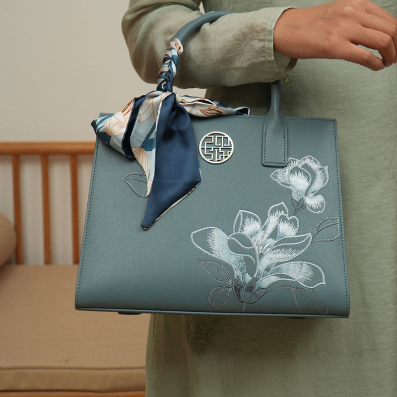 Larger Capacity Flower Embroidery Tote Bag Top Handle Satchel