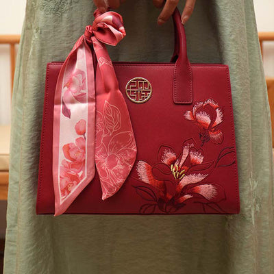 Larger Capacity Flower Embroidery Tote Bag Top Handle Satchel