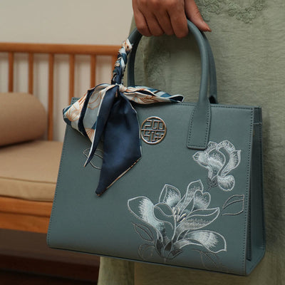 Larger Capacity Flower Embroidery Tote Bag Top Handle Satchel