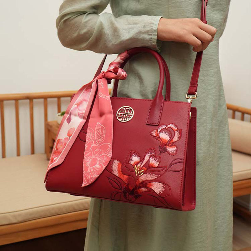 Larger Capacity Flower Embroidery Tote Bag Top Handle Satchel