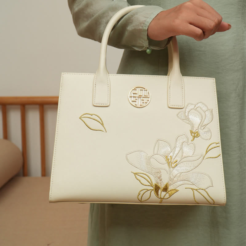 Larger Capacity Flower Embroidery Tote Bag Top Handle Satchel