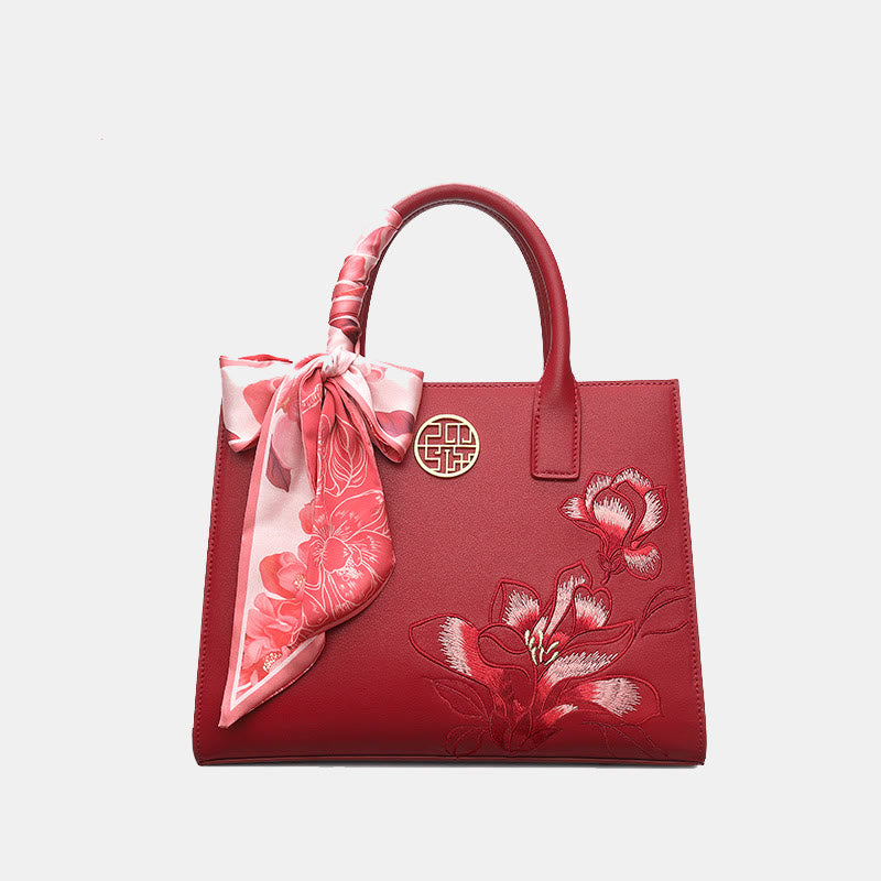 Larger Capacity Flower Embroidery Tote Bag Top Handle Satchel