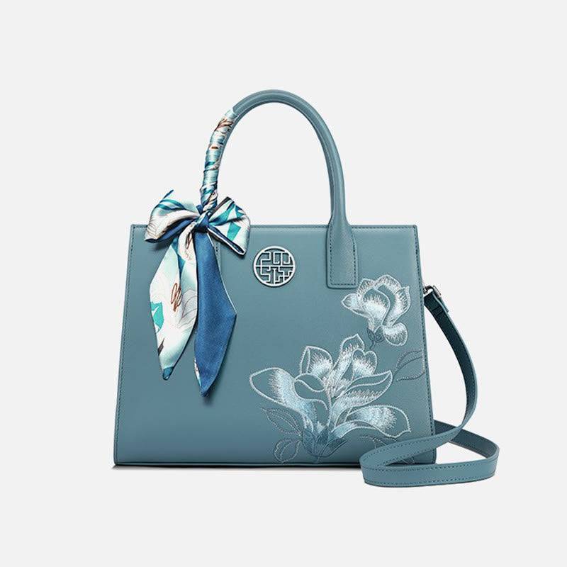 Larger Capacity Flower Embroidery Tote Bag Top Handle Satchel